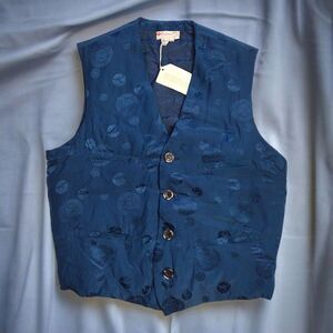 Begonia Hand Embroidered 100% Pure Silk Vest, Size M, Navy Blue, NWT / Vintage